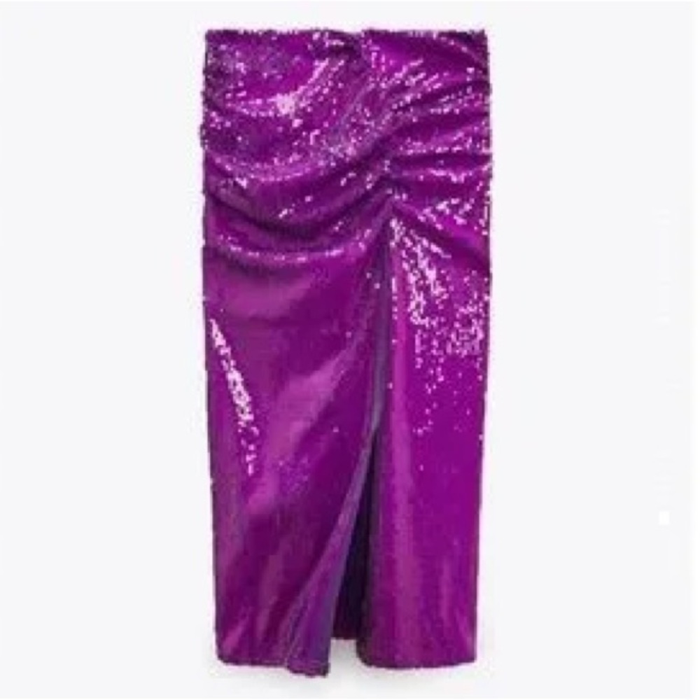 Zara purple sequined ruched front slit midi skirt Size large